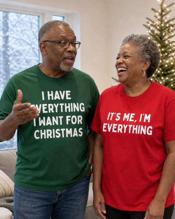 A couple mid-conversation wearing the matching tees