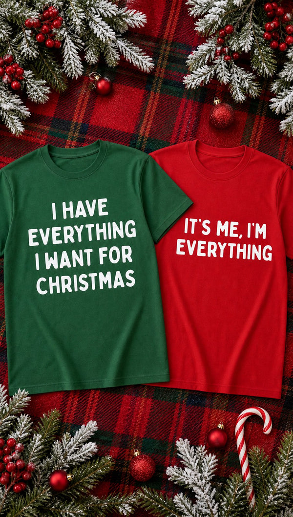 Both tees laid out on a tartan blanket