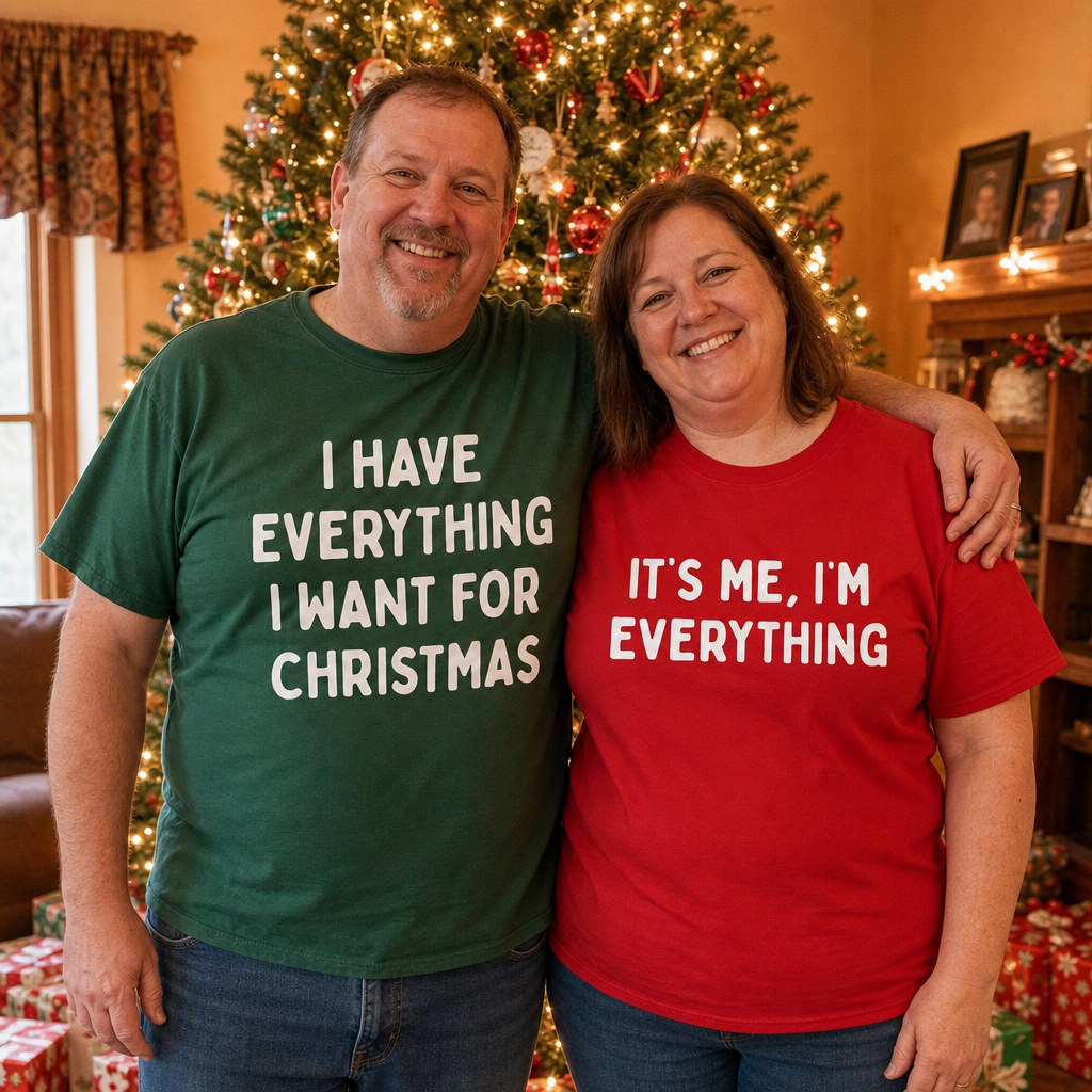 A couple wearing the matching green and red Christmas tees in front of their Christmas tree
