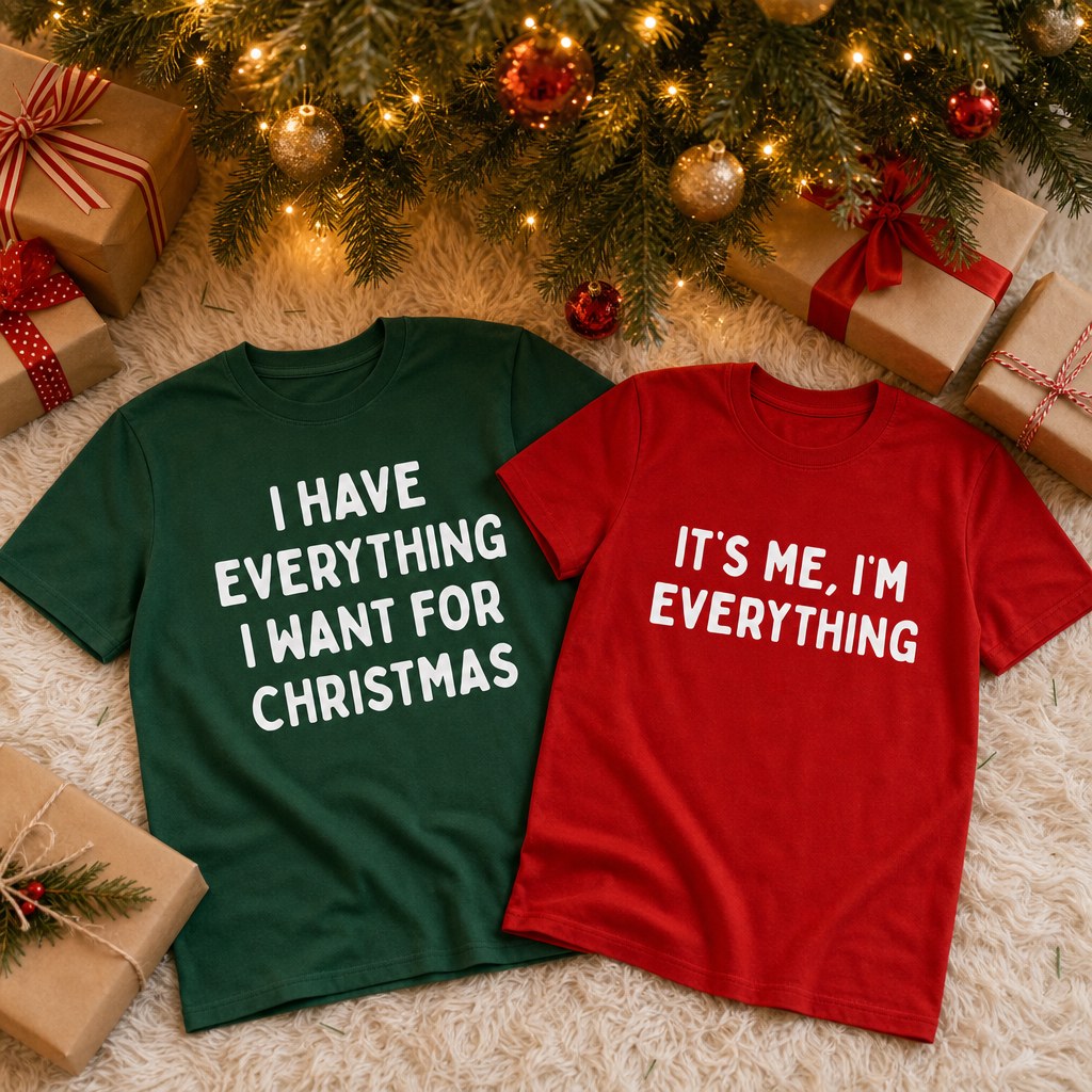 Both matching tees laid out under a decorated Christmas tree with wrapped presents