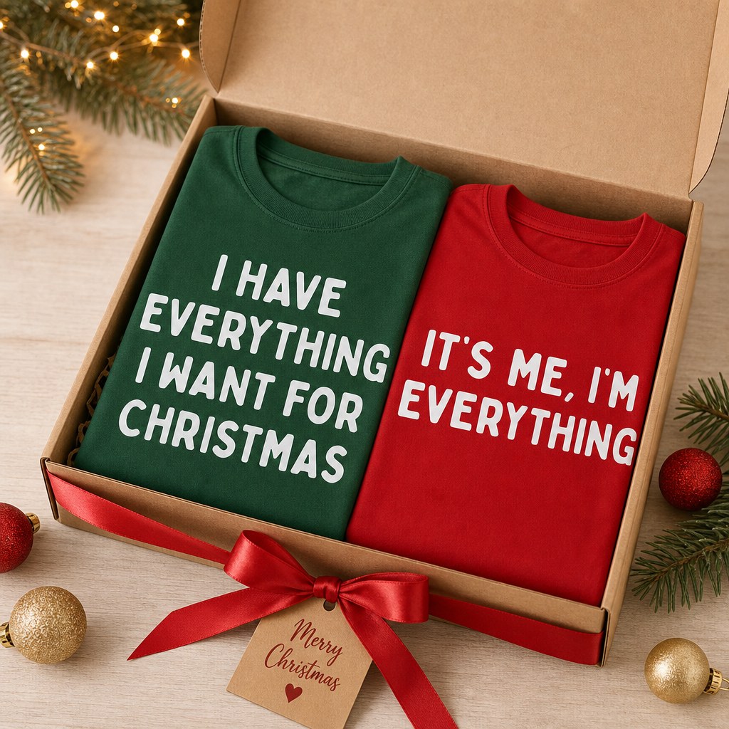 Both tees folded in an open kraft gift box tied with a red ribbon