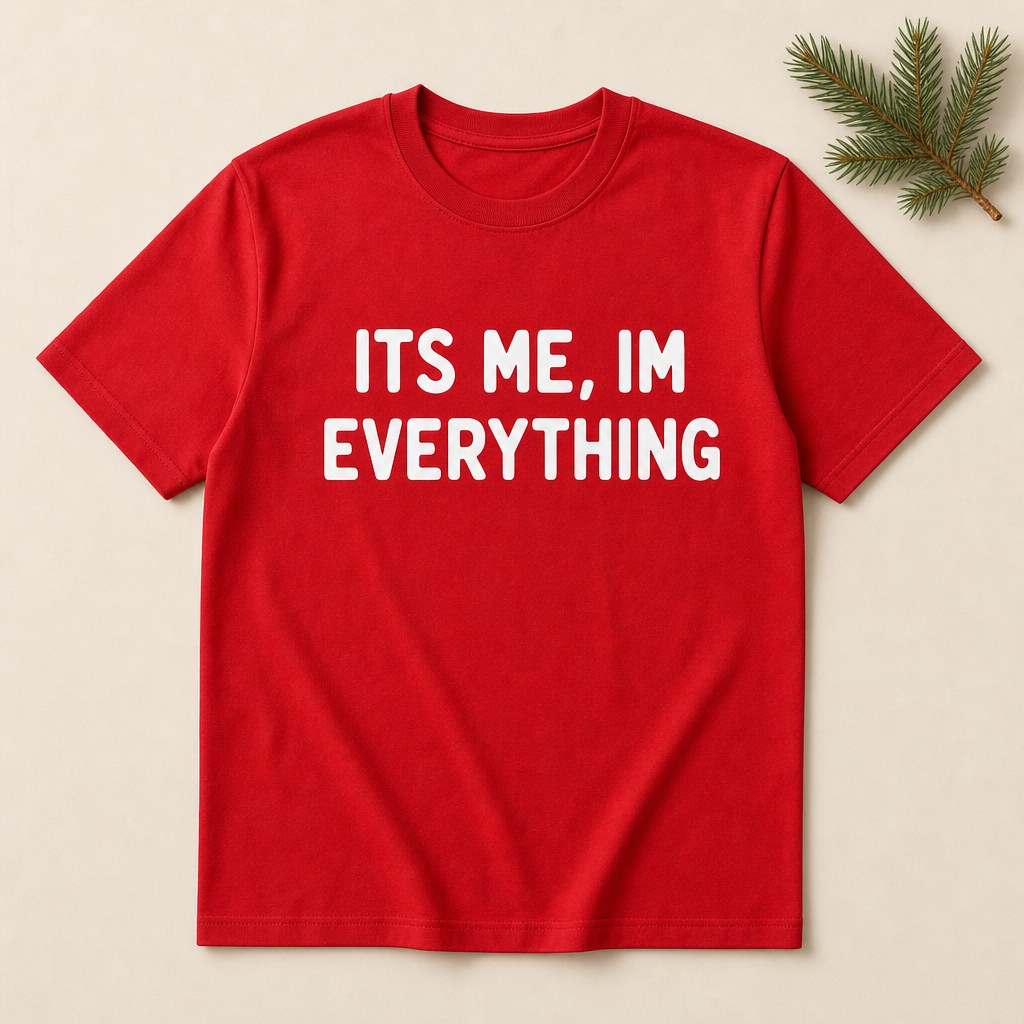 The red tee printed with It's me, I'm everything